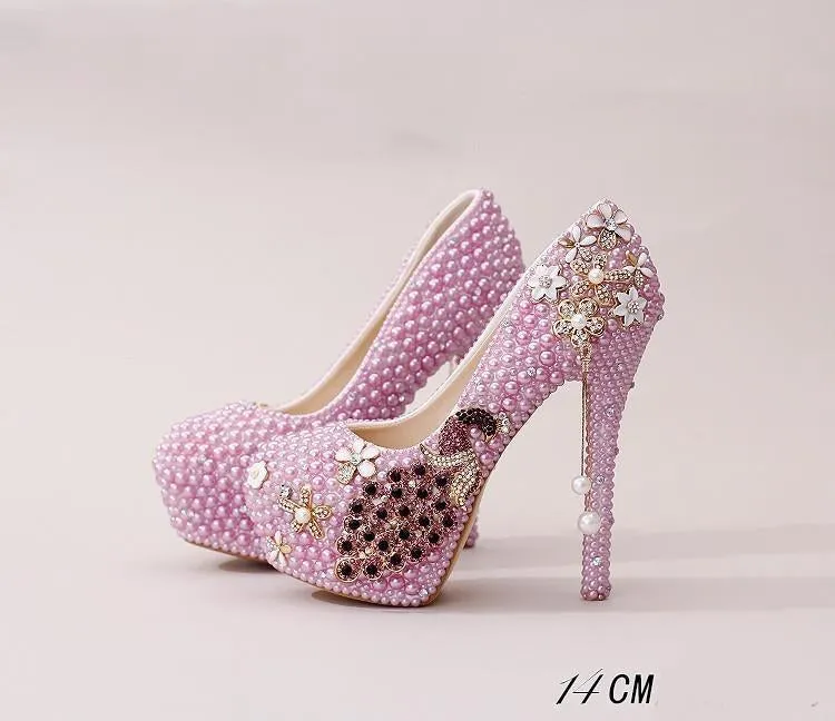 Handmade High Heels Round Toe Pearls Crystal Wedding Shoes, SY0112