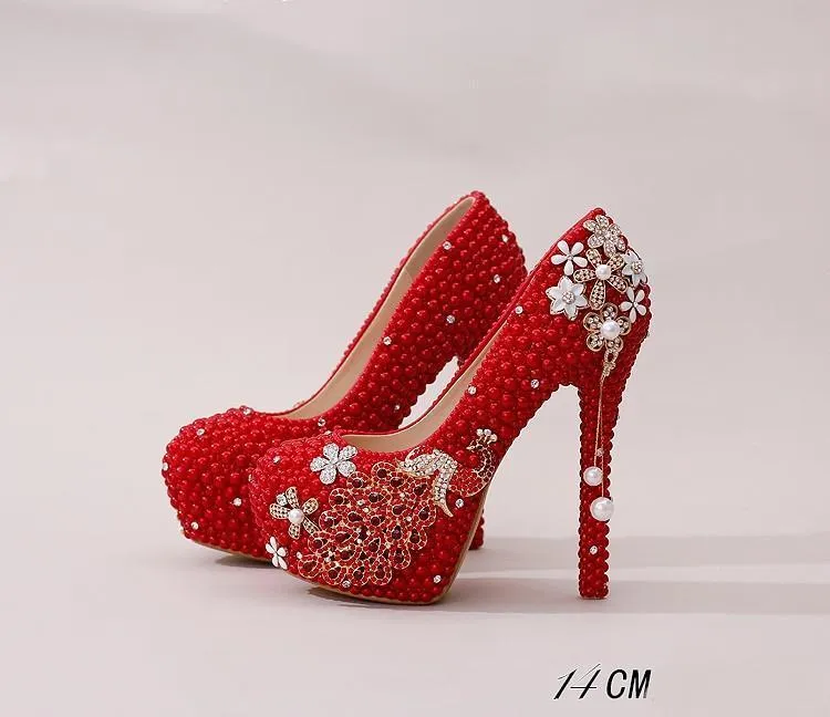 Handmade High Heels Round Toe Pearls Crystal Wedding Shoes, SY0112