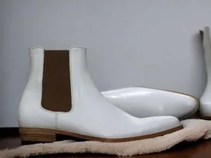 Handmade Pure White Genuine Leather Boot, Men's Chelsea Boot, Luxury Boot