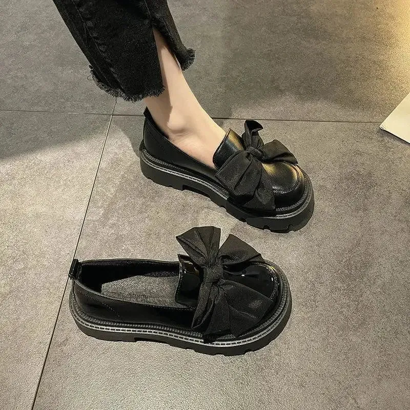 Hnzxzm Black Gothic Women's Shoes New Summer Mid Heel Bow British Pu Leather Shoes Vintage Kawaii Sweet Girls Anime Shoes