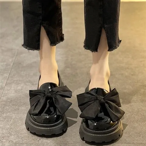 Hnzxzm Black Gothic Women's Shoes New Summer Mid Heel Bow British Pu Leather Shoes Vintage Kawaii Sweet Girls Anime Shoes