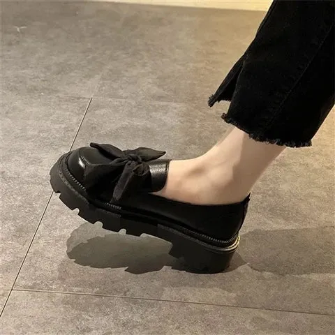 Hnzxzm Black Gothic Women's Shoes New Summer Mid Heel Bow British Pu Leather Shoes Vintage Kawaii Sweet Girls Anime Shoes