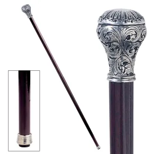 Italian Solid Hardwood Ornamental Classic Flamboyant  Ball Pewter Walking Stick Collectible Gift