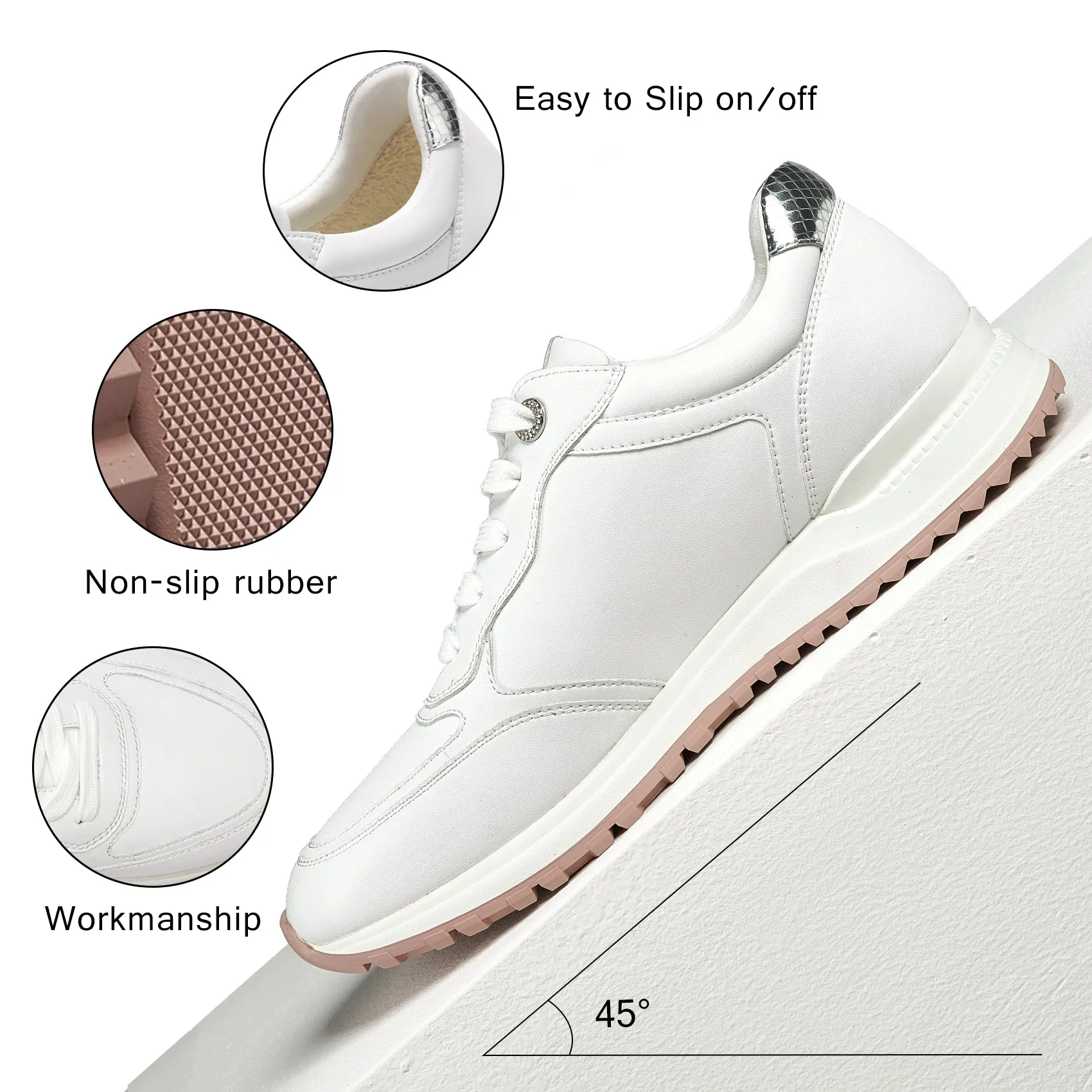 Jackie Shi Women Fashion Sneakers-LARIS 1-Genuine Leather Casual Sneakers, Comfortable Tennis Running Shoes, Non-Slip Memory Foam Sneaker,Urban Leather White