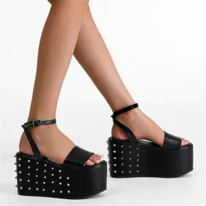 Joskaa  Brand 2024 Fashion Rivets Gothic Street Style Black Platform Rivets Wedges High Heels Comfy Walking Summer Sandals Shoes Women