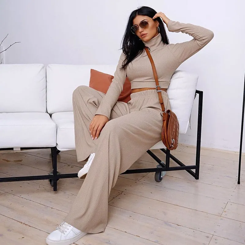 Joskaa Casual Ribbed 2 Piece Set Women Matching Sets Turtleneck Long Sleeve Crop Top Wide Leg Pant Outfits Solid Fitness Suit