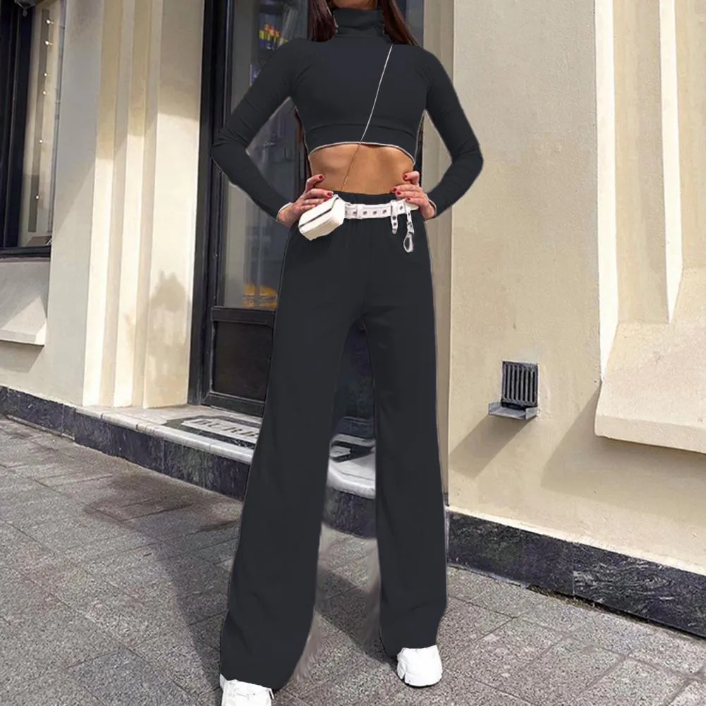 Joskaa Casual Ribbed 2 Piece Set Women Matching Sets Turtleneck Long Sleeve Crop Top Wide Leg Pant Outfits Solid Fitness Suit