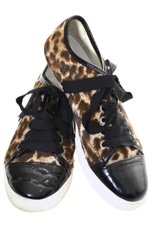 Lanvin Pony Hair Cheetah Print Sneaker Shoes w/ Patent Leather Toe 38 US 7.5