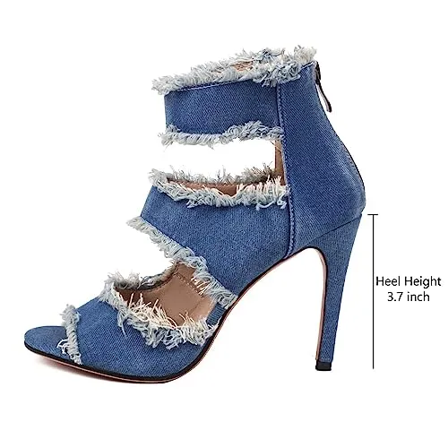 Latasa Denim High Heels Sandals for Women Peep Toe Heels Jean Heels Sandals Shoes Denim Shoes for Women's Ankle Strap Fashion Summer Sandal Heels(9,Blue)