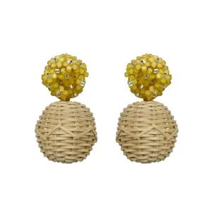 Liz Rattan Ball Yellow Earrings - Clip On