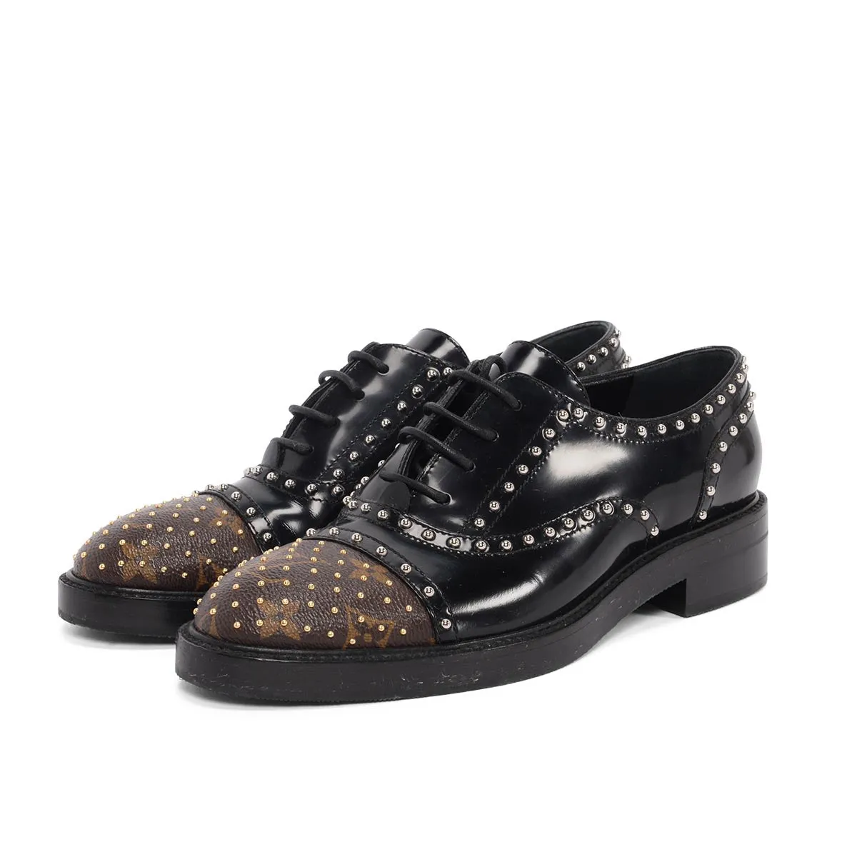 Louis Vuitton Black Monogram Studded Lace Up Shoes 37