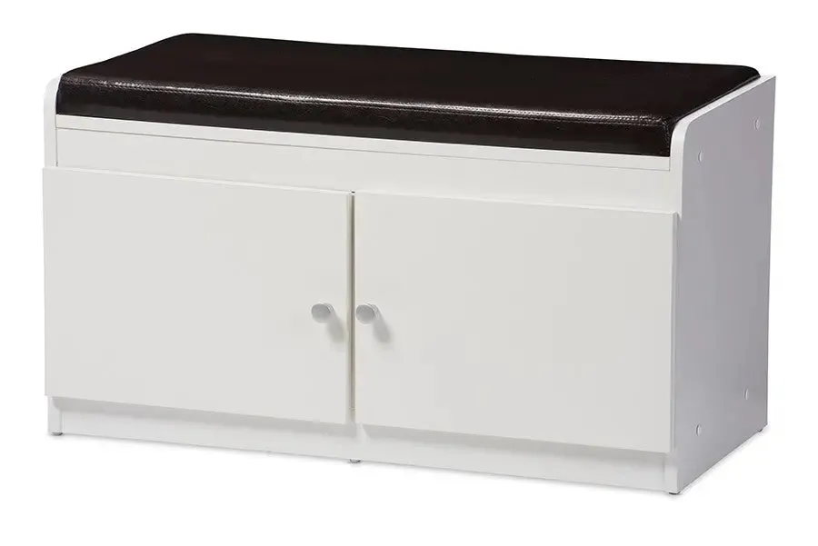 Margaret White Wood 2-Door Shoe Cabinet with Faux Leather Seating Bench