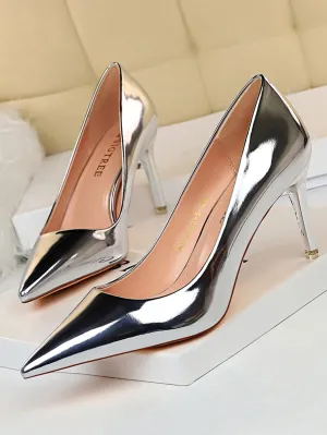 Metallic Silver Pointed Toe Stiletto Heeled Pumps