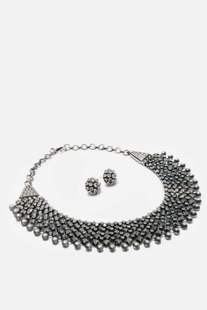 Mirror Work Silver Earring And Choker Set