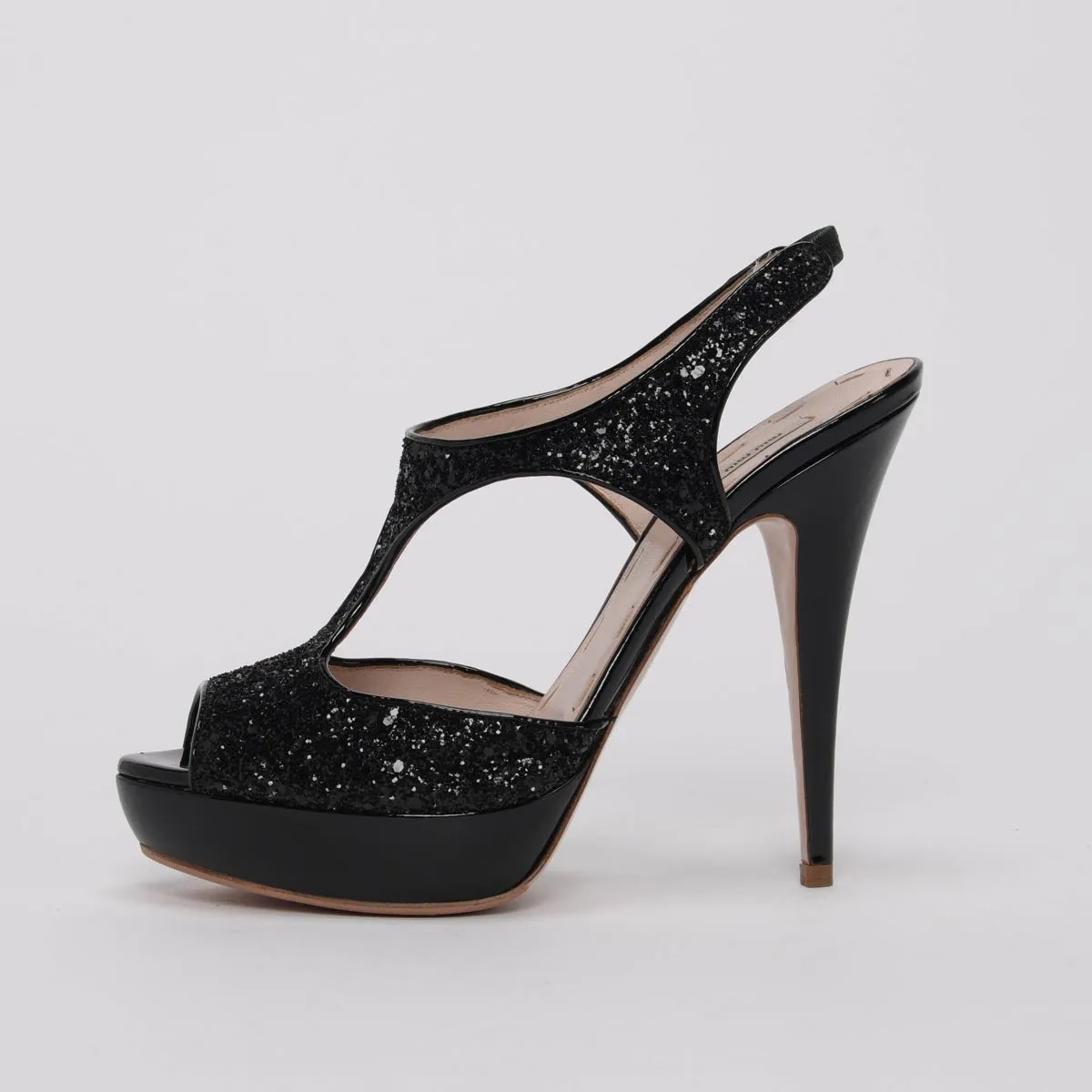 Miu Miu Black Patent Glitter T-Bar Sandals 39