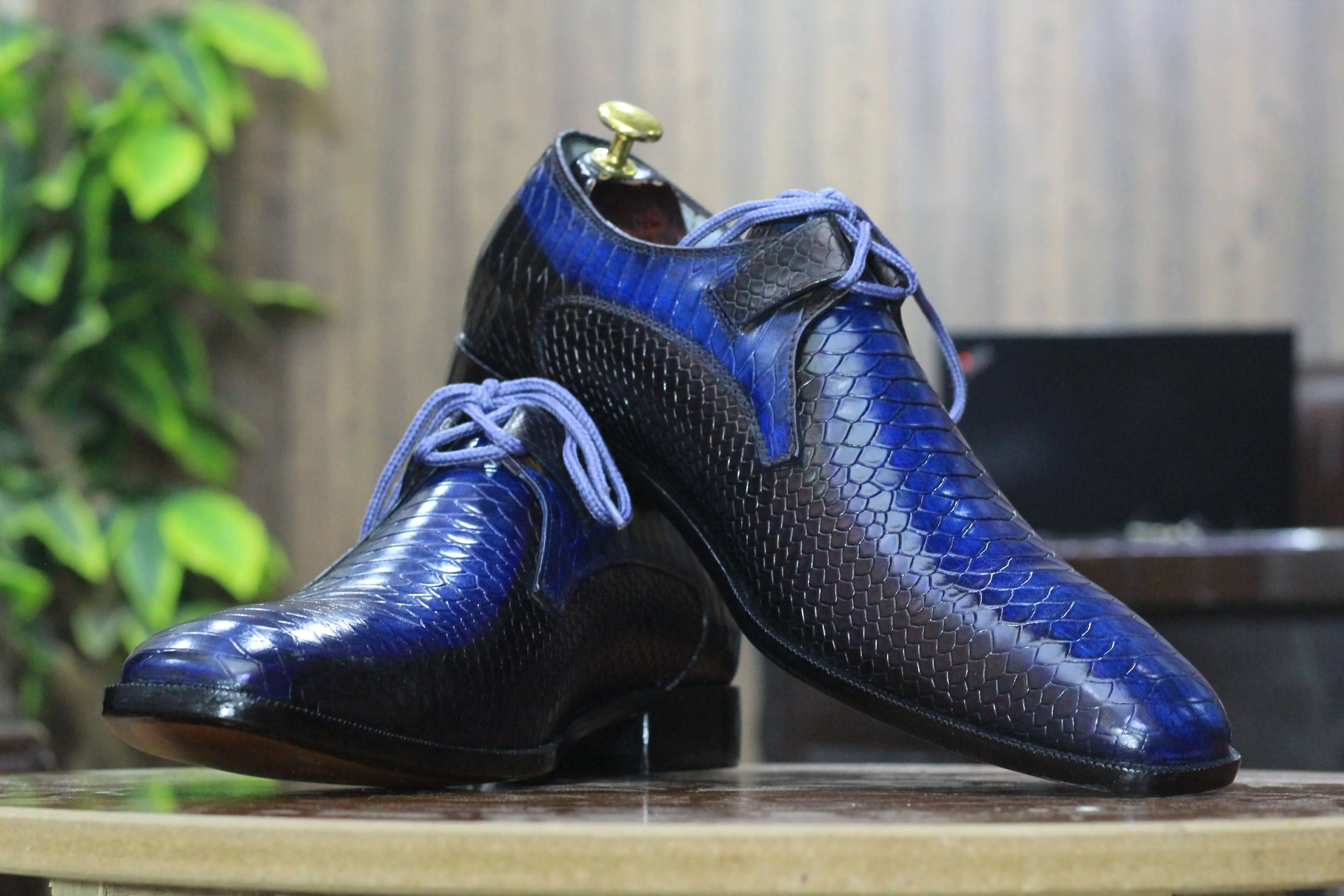 New Hand Painted Blue&Black Python Leather Shoes, Men's Stylish Lace Up Shoes