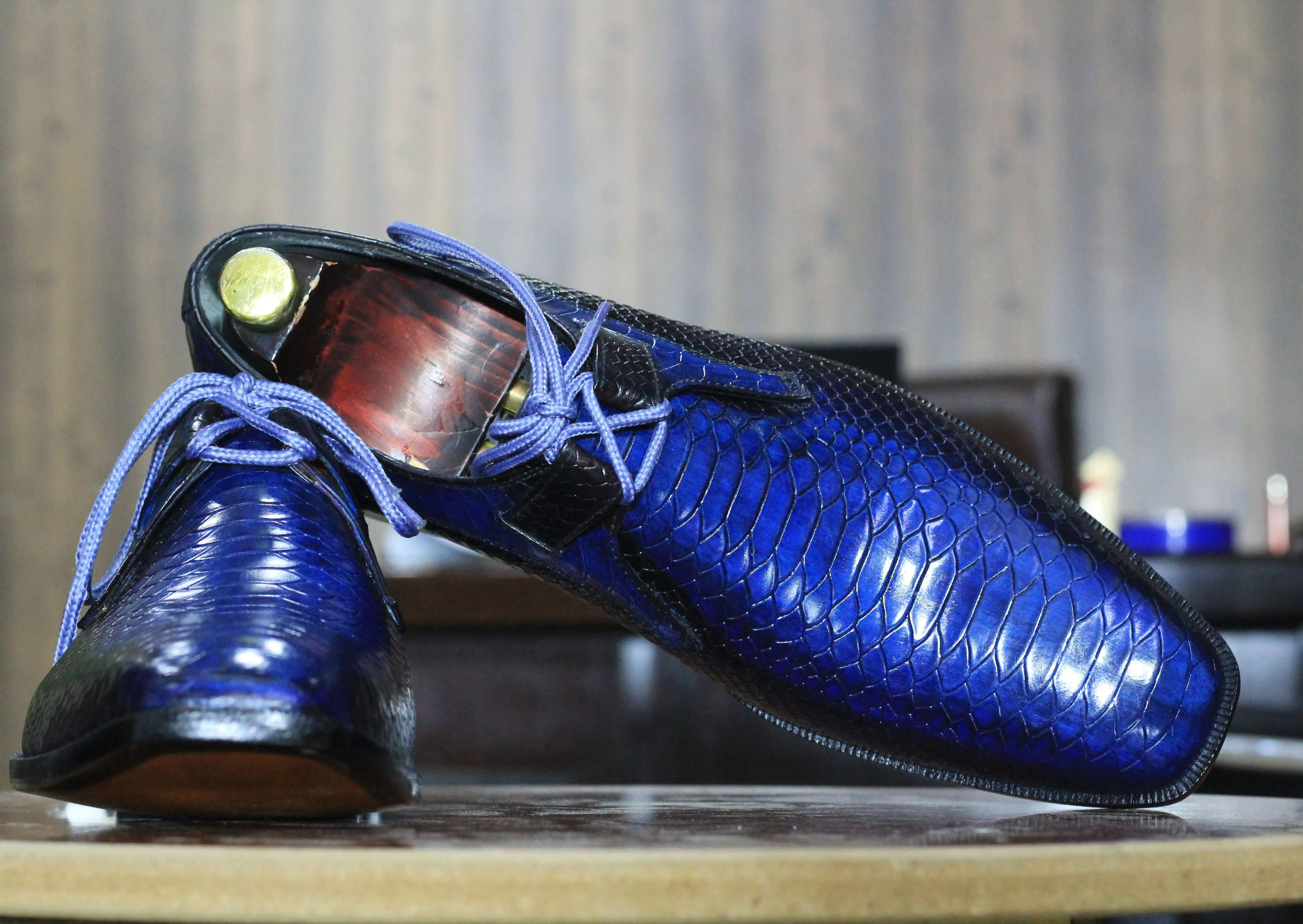 New Hand Painted Blue&Black Python Leather Shoes, Men's Stylish Lace Up Shoes