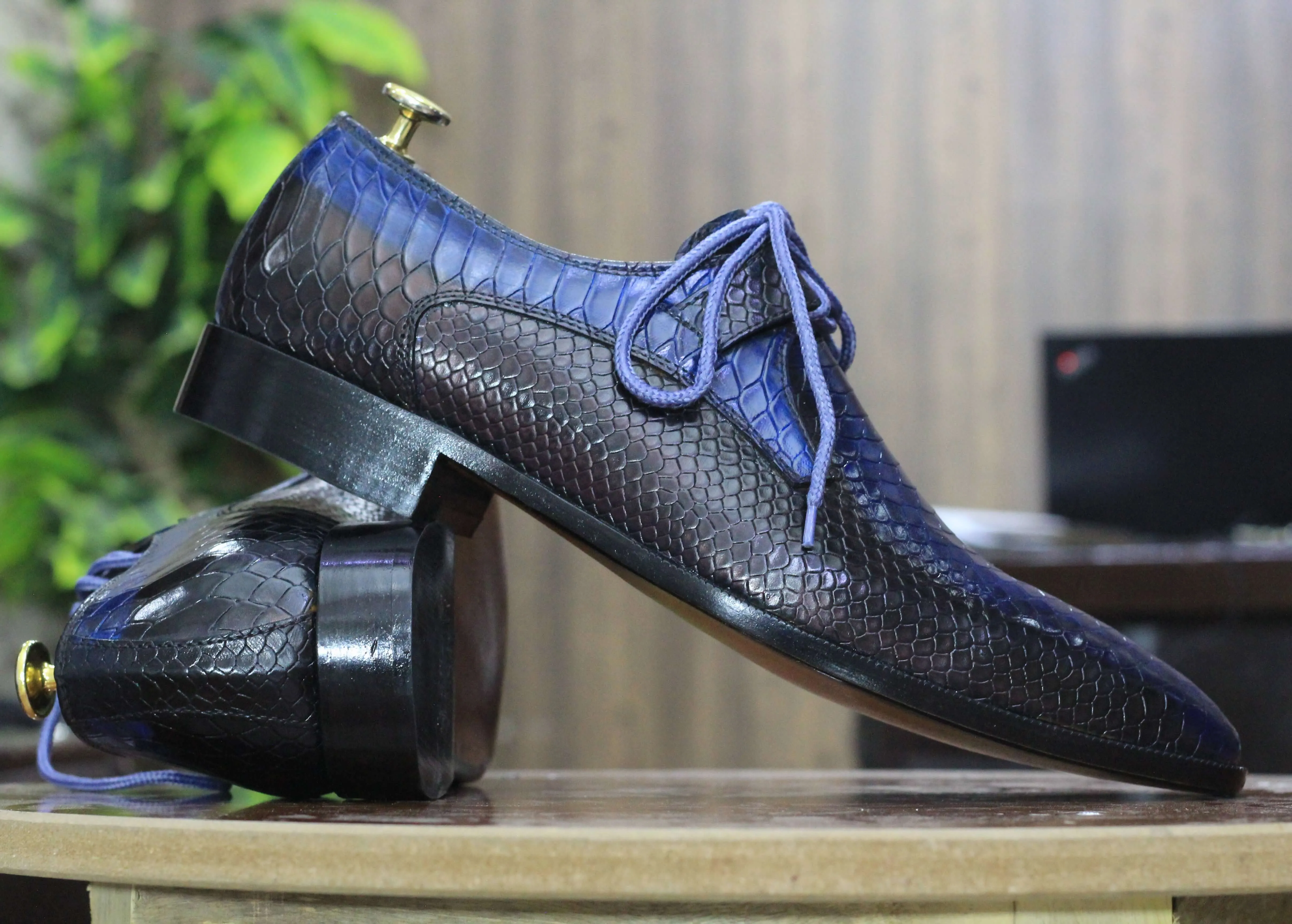 New Hand Painted Blue&Black Python Leather Shoes, Men's Stylish Lace Up Shoes