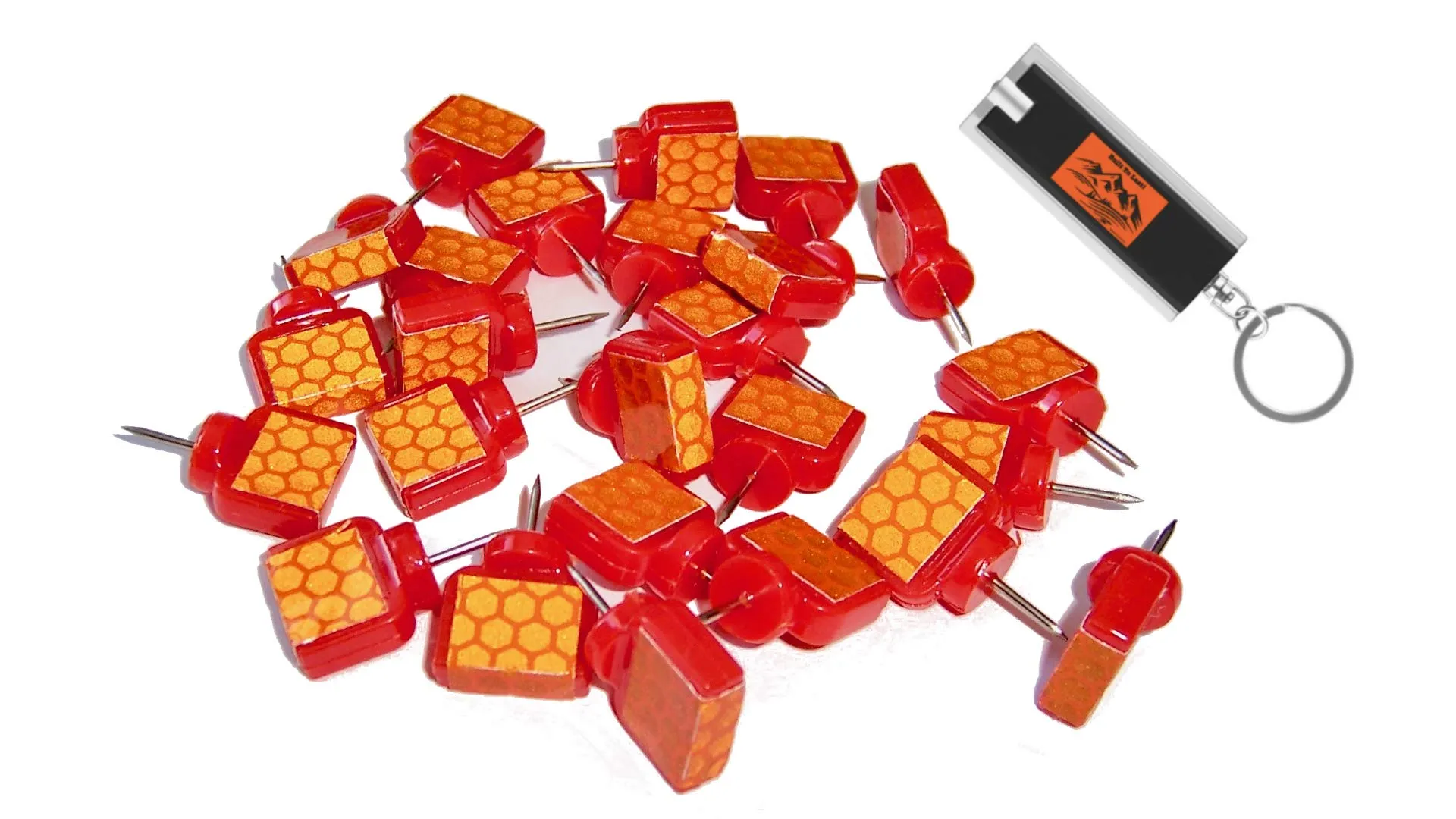 Orange Reflective Wing Tacks (Pack of 50) Trail Tacks, Glow Tacks, Hiking Markers, Trail Marking Tacks, Mark Trail Reflective Thumb Tacks for Hunting, Orange Tacks with Included LED Keychain Light