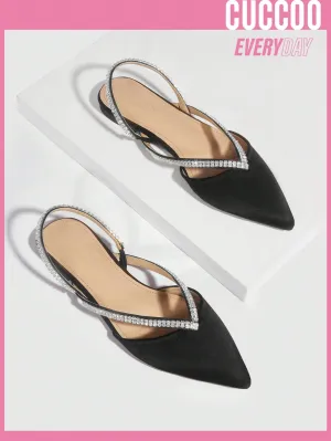 Point Toe Rhinestone Decor Slingback Black Flats