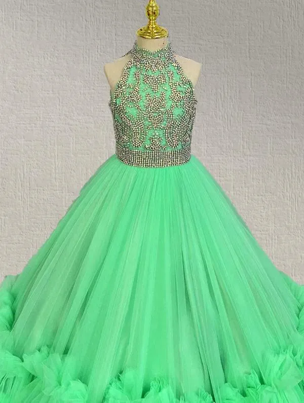 Preteens Sparkly Halter Beaded Bodice Long Pageant Gown