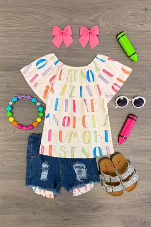 Rainbow Watercolor Alphabet Denim Short Set