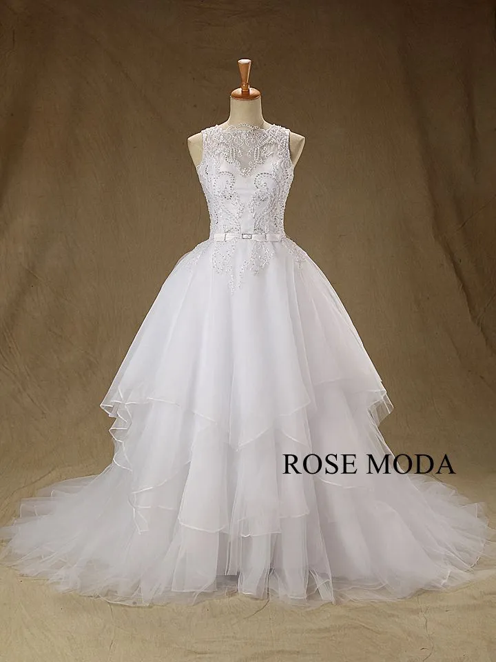 Rosemoda Bateau Neckline Pearl Embroidery Ball Gown Wedding Dress