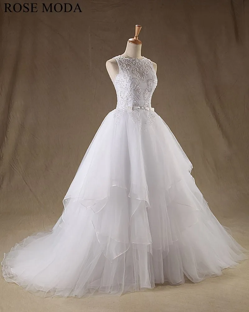 Rosemoda Bateau Neckline Pearl Embroidery Ball Gown Wedding Dress