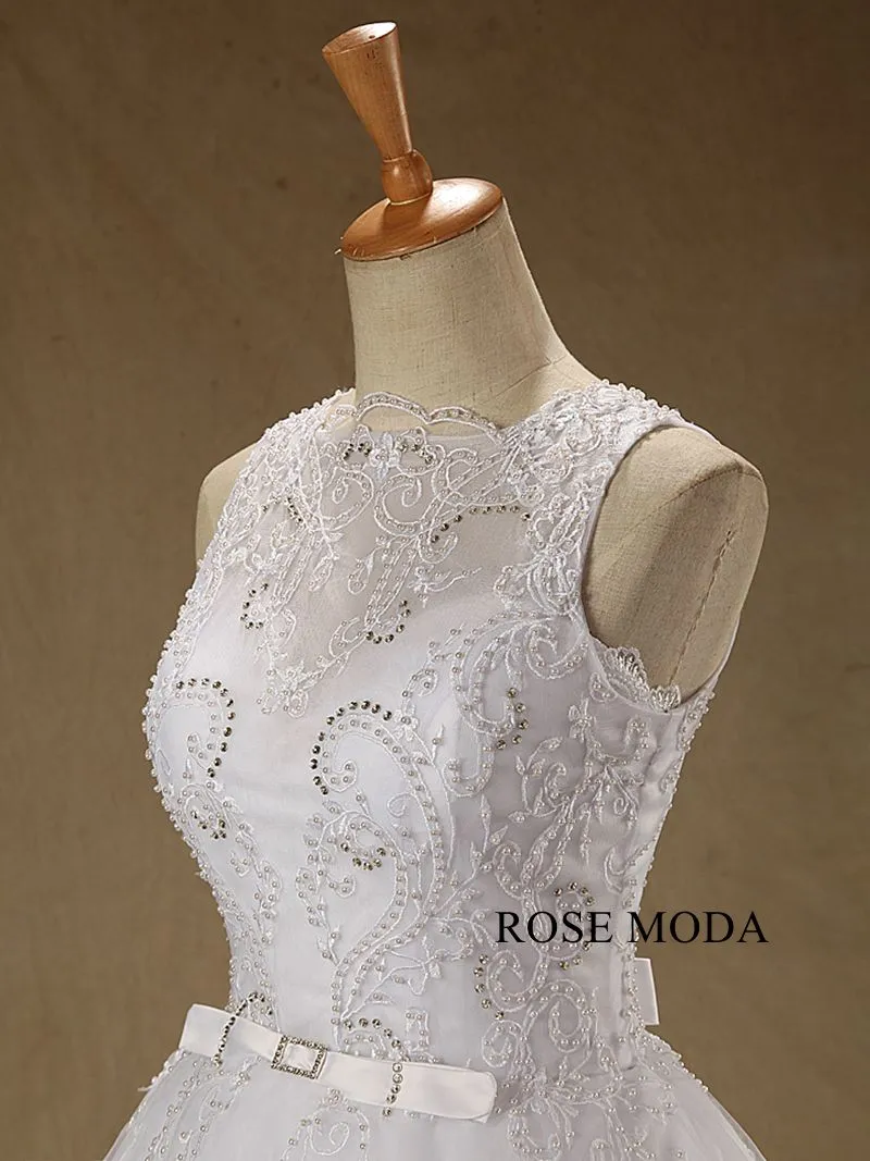 Rosemoda Bateau Neckline Pearl Embroidery Ball Gown Wedding Dress