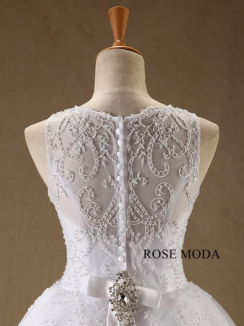 Rosemoda Bateau Neckline Pearl Embroidery Ball Gown Wedding Dress