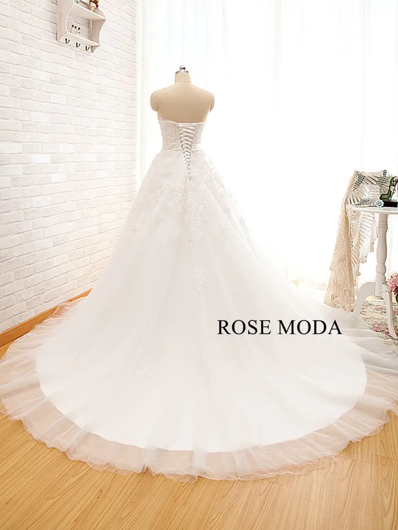 Rosemoda Crescent Neckline Ball Gown Wedding Dress with Crystal Belt