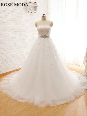 Rosemoda Crescent Neckline Ball Gown Wedding Dress with Crystal Belt