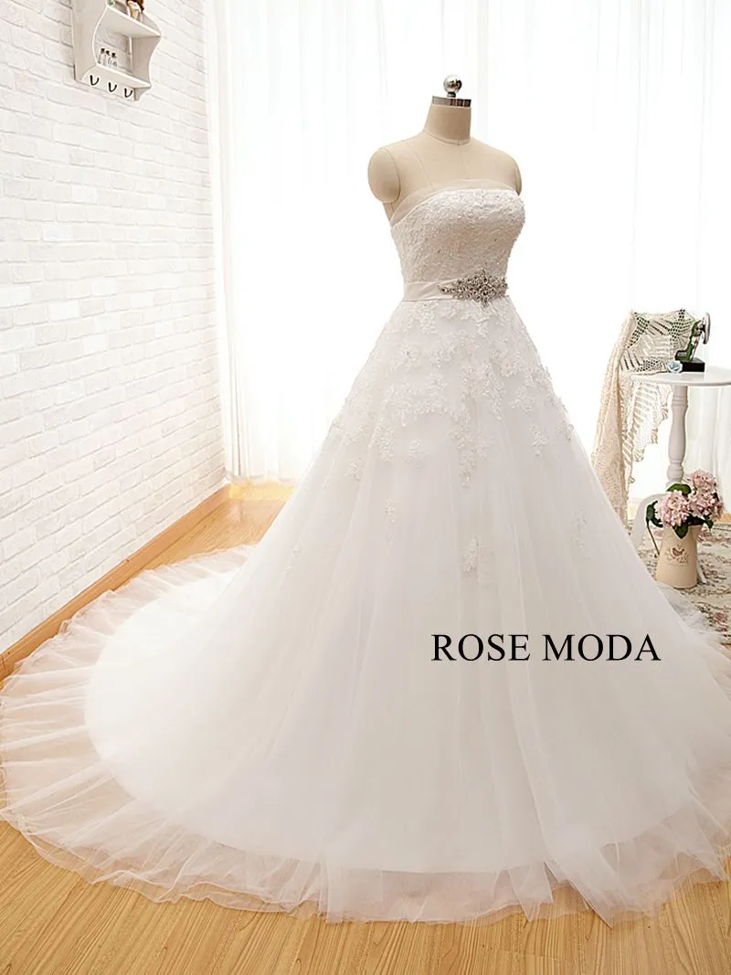 Rosemoda Crescent Neckline Ball Gown Wedding Dress with Crystal Belt