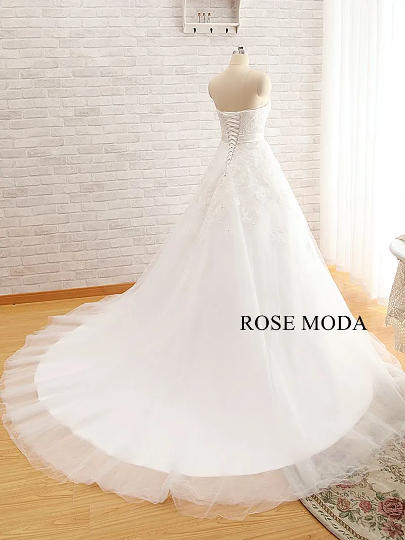 Rosemoda Crescent Neckline Ball Gown Wedding Dress with Crystal Belt