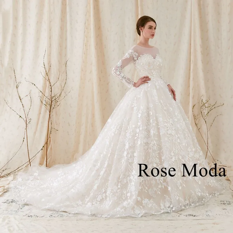 Rosemoda Long Sleeve Ball Gown Wedding Dress With Illusion Front and Low Cut V Back