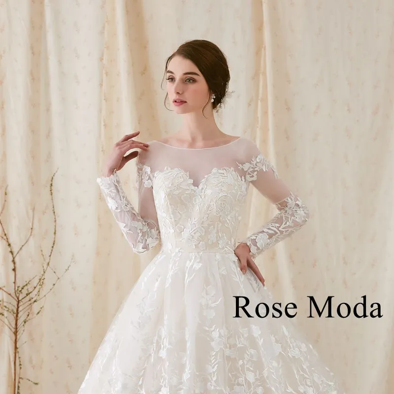 Rosemoda Long Sleeve Ball Gown Wedding Dress With Illusion Front and Low Cut V Back