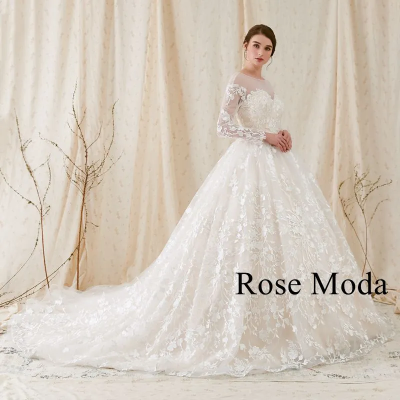 Rosemoda Long Sleeve Ball Gown Wedding Dress With Illusion Front and Low Cut V Back