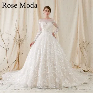 Rosemoda Long Sleeve Ball Gown Wedding Dress With Illusion Front and Low Cut V Back