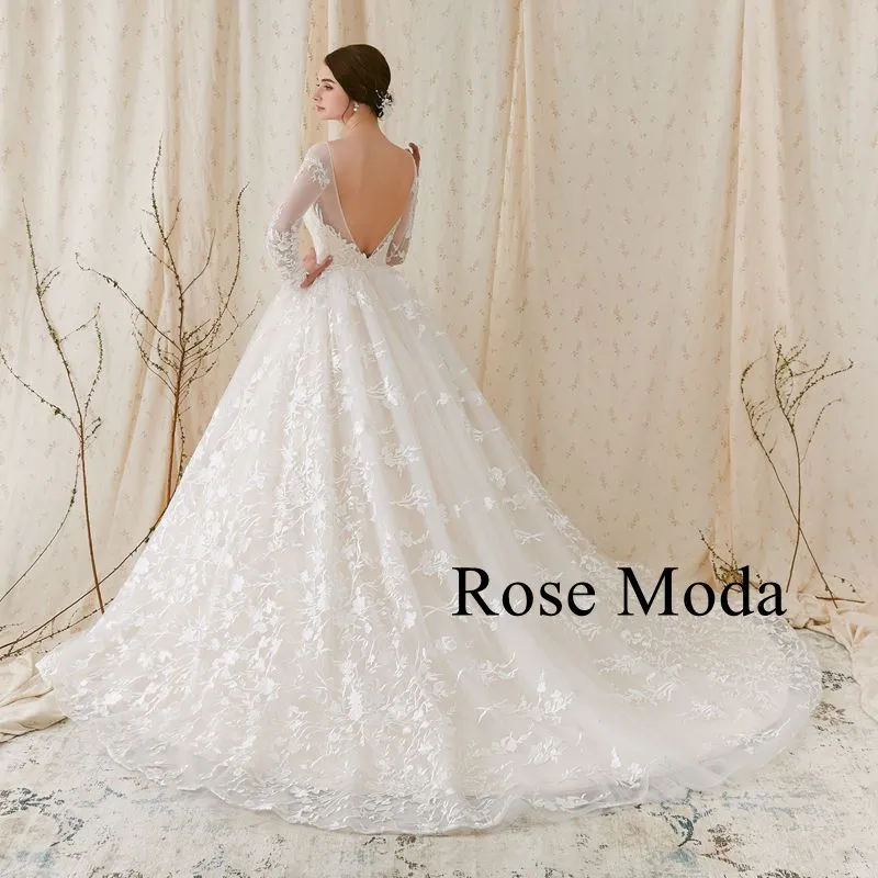 Rosemoda Long Sleeve Ball Gown Wedding Dress With Illusion Front and Low Cut V Back