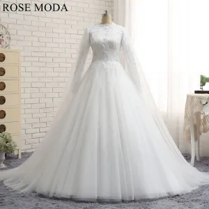 Rosemoda Long Sleeve Muslim Ball Gown Wedding Dress With Delicate Beading