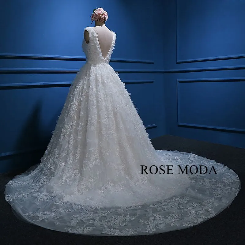 Rosemoda Luxury 3D Flowers Lace Ball Gown Wedding Dress