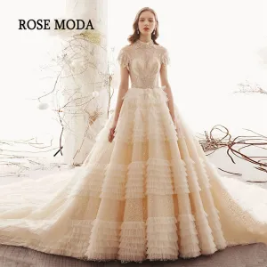 Rosemoda Luxury Champagne Cap Sleeve Lace Ball Gown Wedding Gown