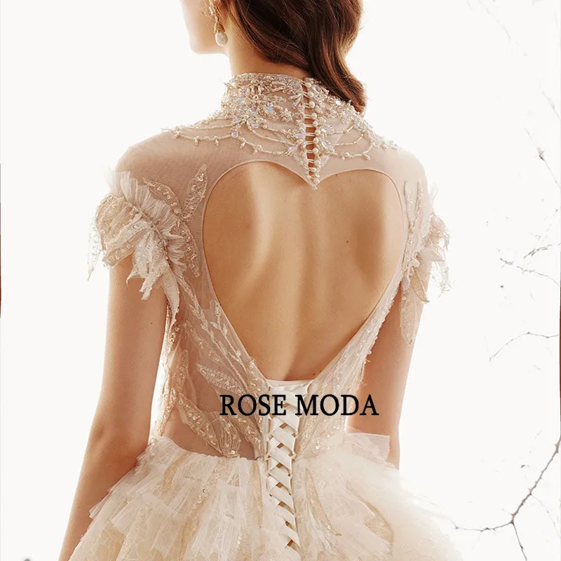 Rosemoda Luxury Champagne Cap Sleeve Lace Ball Gown Wedding Gown