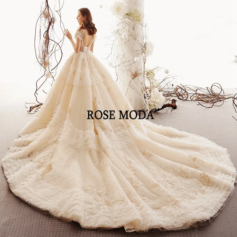 Rosemoda Luxury Champagne Cap Sleeve Lace Ball Gown Wedding Gown