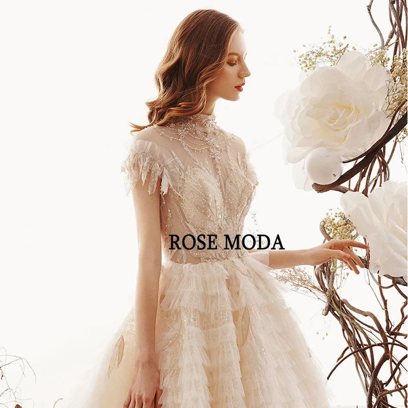 Rosemoda Luxury Champagne Cap Sleeve Lace Ball Gown Wedding Gown