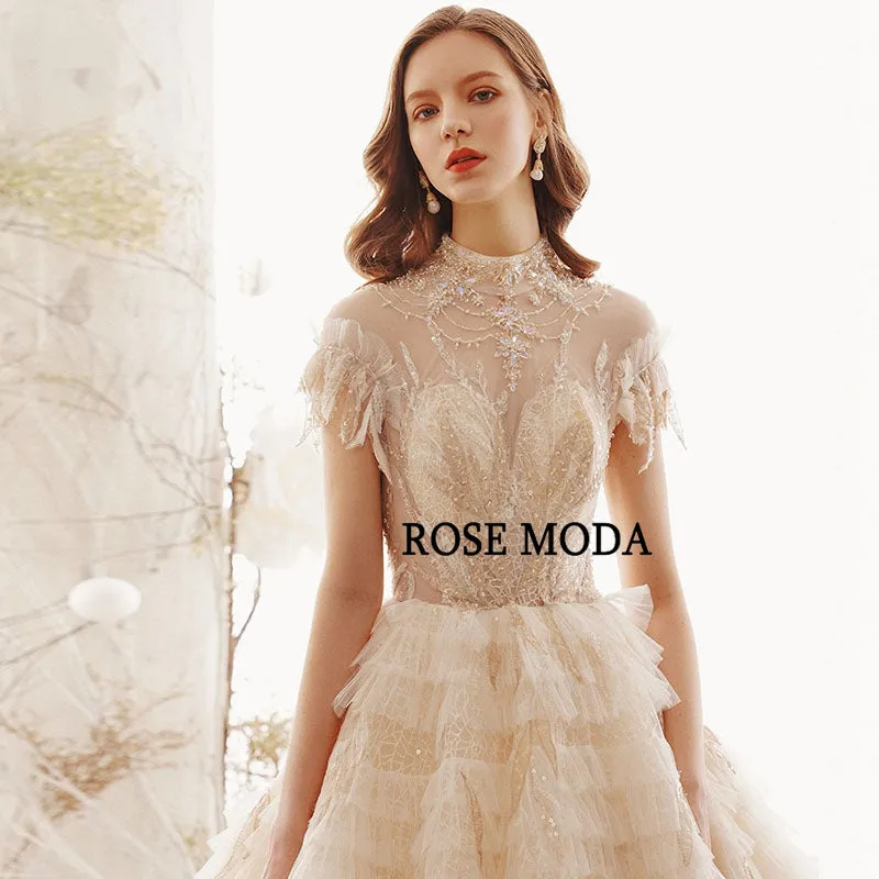 Rosemoda Luxury Champagne Cap Sleeve Lace Ball Gown Wedding Gown