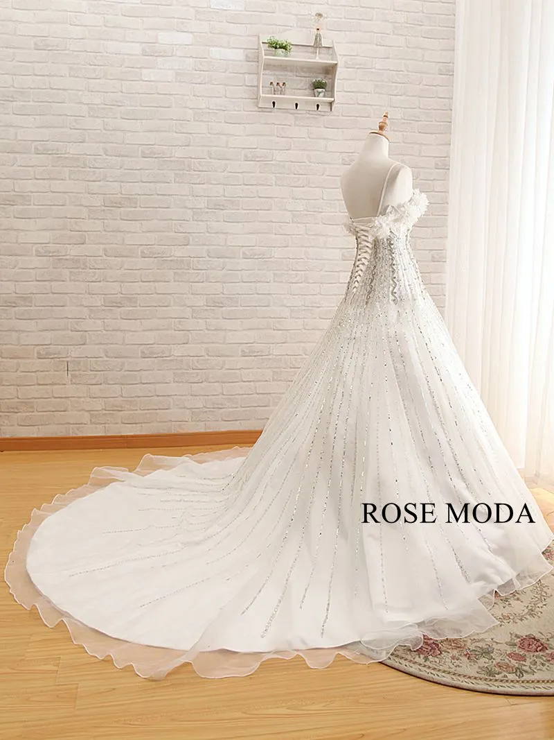 Rosemoda Luxury Dropped Heavy Beaded Crystal Ball Gown Wedding Dress