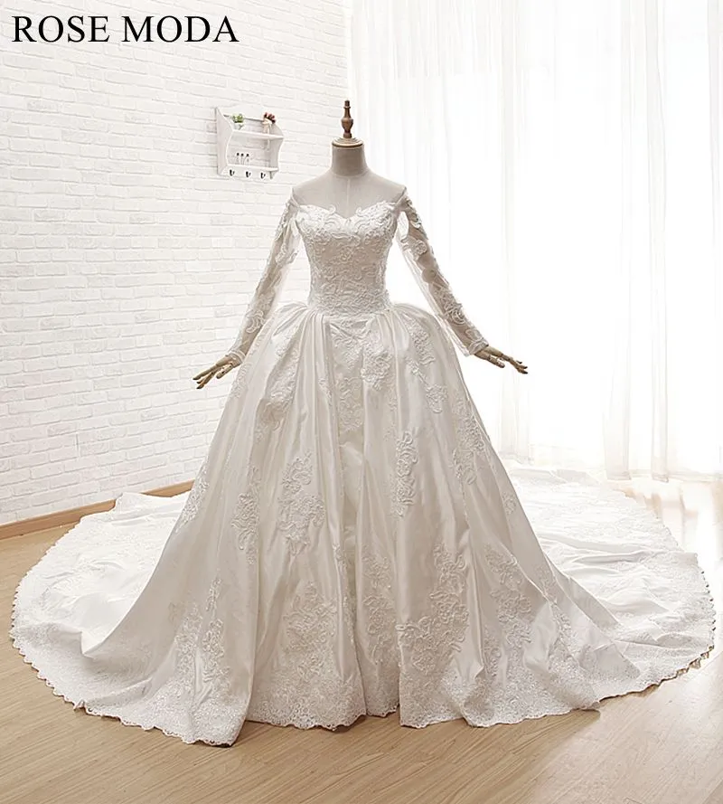 Rosemoda Off-the-shoulder Long Sleeve Satin Ball Gown Wedding Dress With Cathedral Train