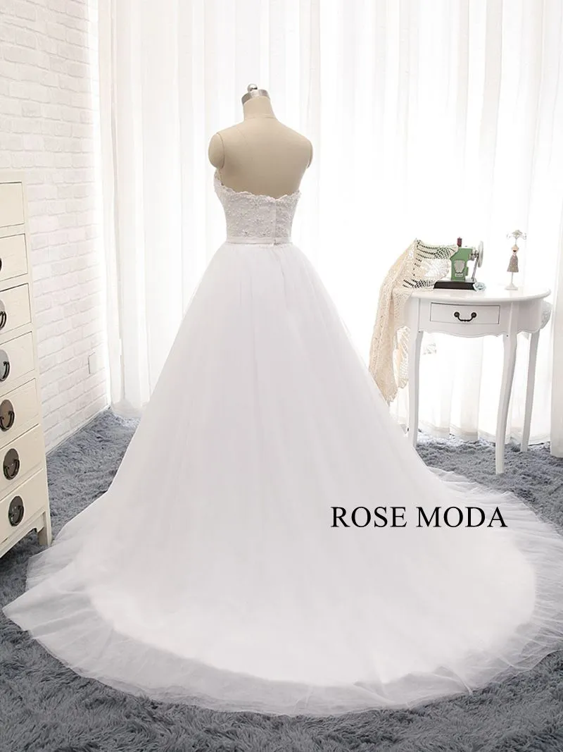 Rosemoda Plunging Sweetheart Delicate Beaded Lace Corset Ball Gown Wedding Dress