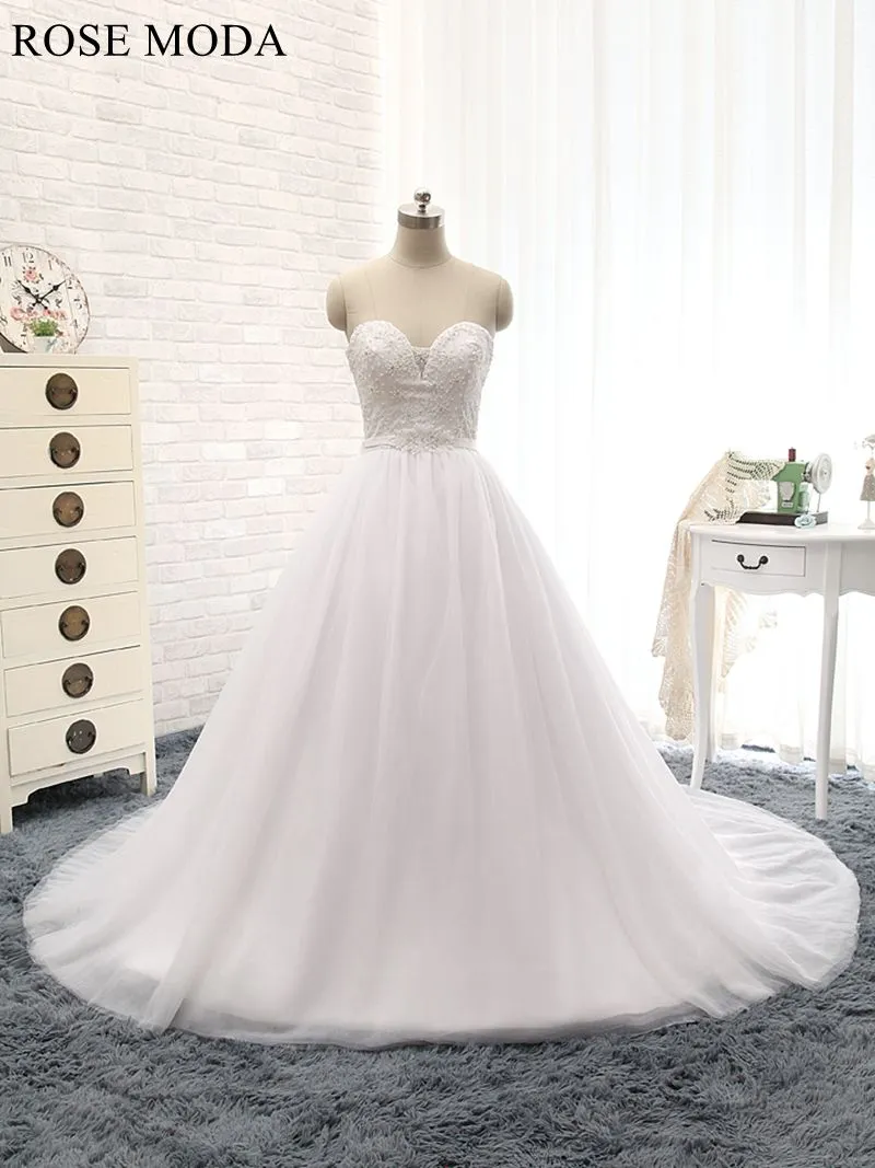 Rosemoda Plunging Sweetheart Delicate Beaded Lace Corset Ball Gown Wedding Dress